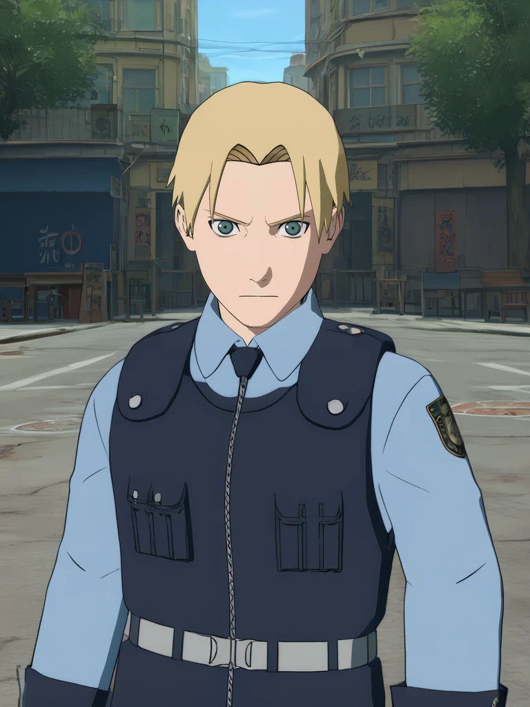 score_9, score_8_up,score_7_up,Source_anime,1boy,leon s. kennedy,<lora:Naruto_Storm_Style:1> street,upper body,blue hair,NS Style,blonde,(showing forehead),police uniform,