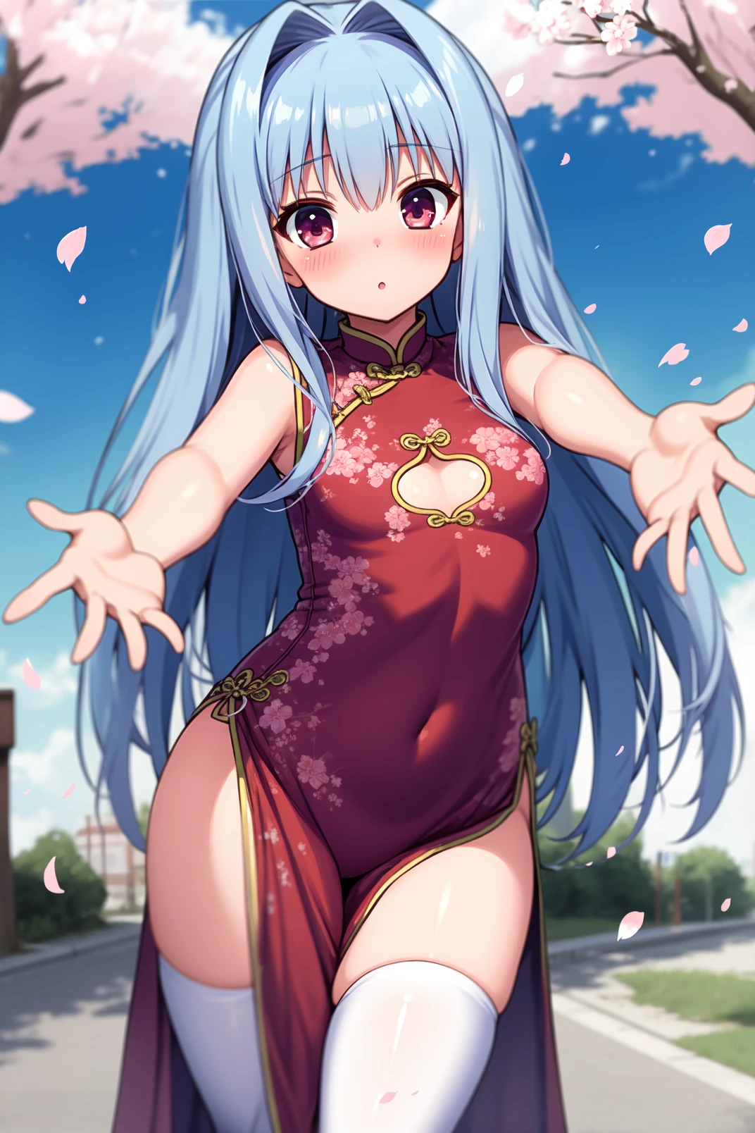 solo, masterpiece, best quality, outdoors, street, cherry blossom, looking at viewer, :o, closed mouth, blush, standing, kubrick, pink eyes, blue hair, long hair, bangs, china dress, red dress, sleeveless, clothing cutout, pelvic curtain, white thighhighs, outstretched arms, reaching out