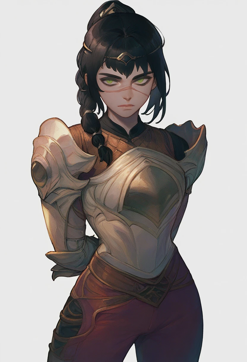 score_9, score_8_up, 1girl, solo, shadowheart, black hair, braided ponytail, no pupils, green eyes, scar on face, circlet, looking at viewer, armor, pants,
arms behind back, standing, looking at viewer, white background <lora:ShadowHeartXL:0.8>    <lora:MoryoXLLocon:1>