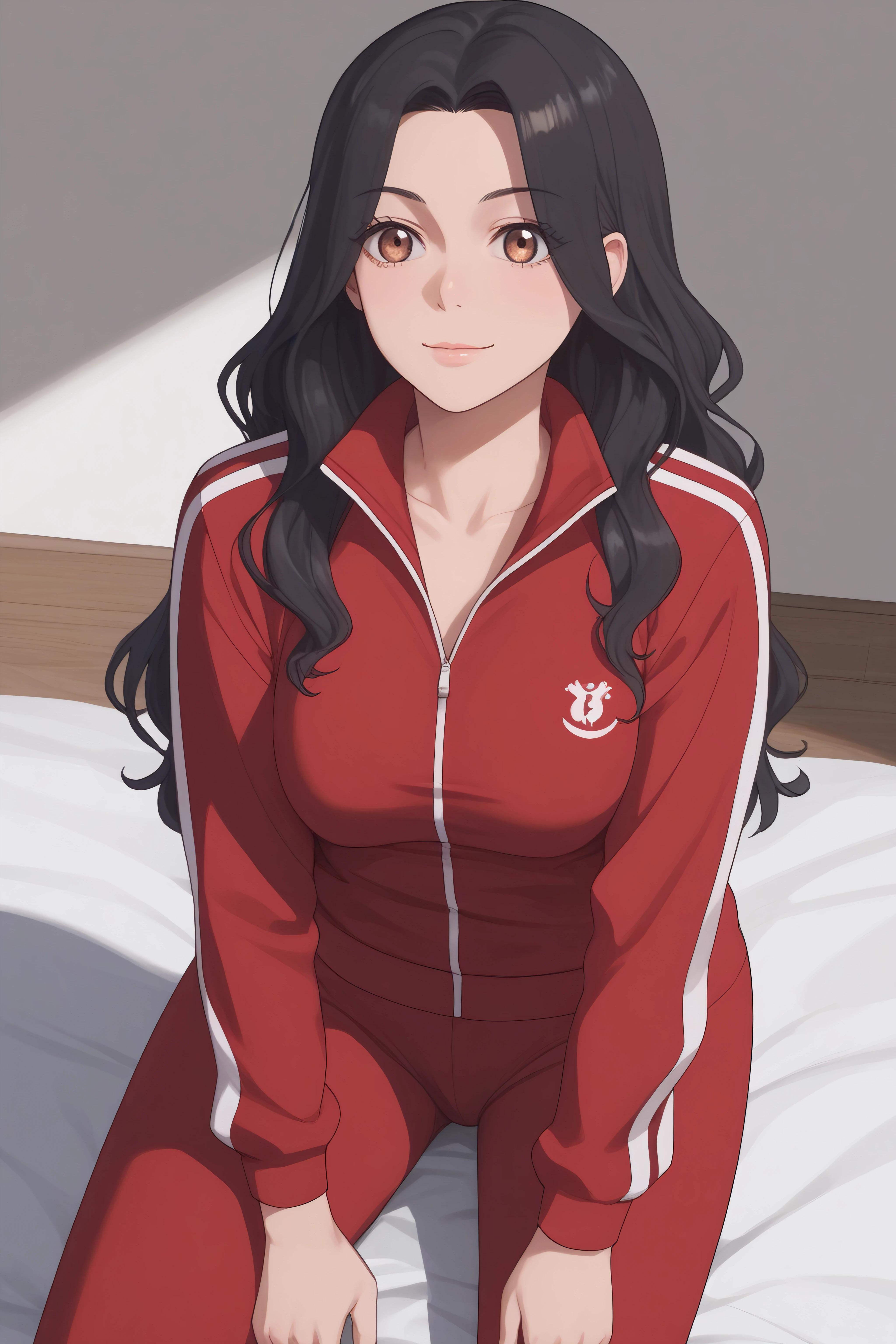 score_9, score_8_up, score_7_up, source_anime, <lora:Geum-Ok Yeon-PonyXL-lora-Faxtron:0.8> geum-ok yeon, brown eyes, black hair, long hair, medium breasts, track jacket, track pants,