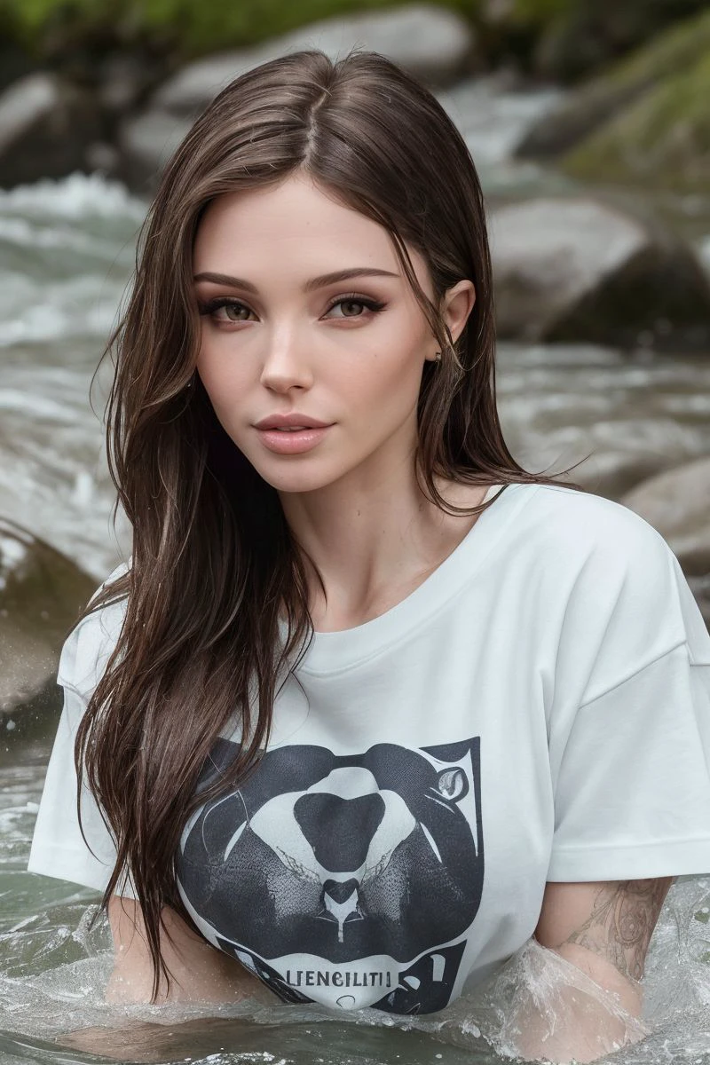 portrait of S434_DaintyWilder,a beautiful woman,in a (rapids:1.1),wearing a (crewneck-tshirt),(wet-hair),(4k, RAW photo, best quality, 50mm, depth of field, ultra high res:1.1),(intricate, photorealistic, cinematic-shot, masterpiece, ultra-detailed:1.1),