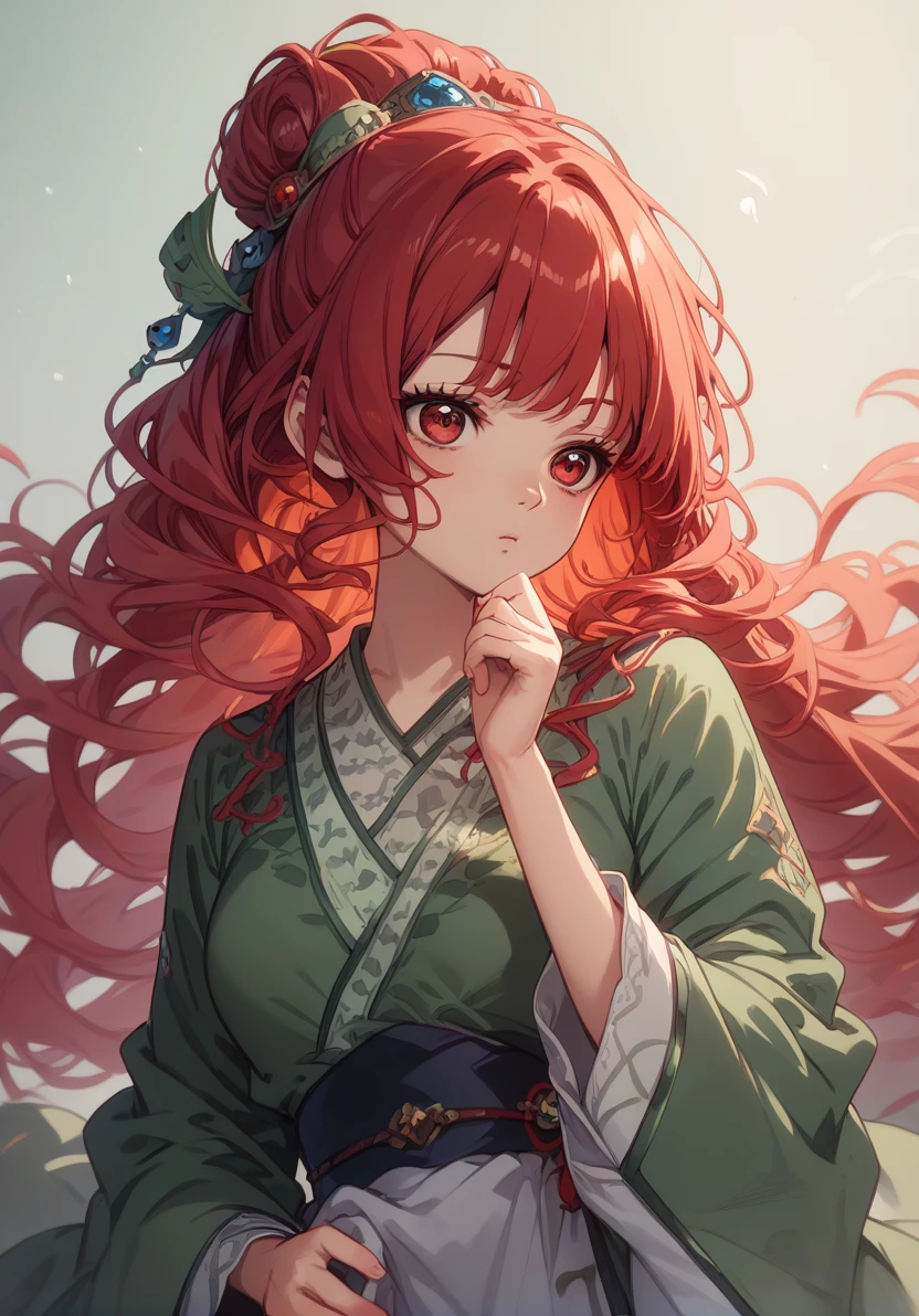 score_9, score_8_up, score_7_up, masterpiece, best quality, 1girl,  solo,  red hair, long hair, hair ornament, red eyes, upper body, air kiss, big chest, <lora:KitsuneHanfuV1:1>, KitsuneHanfu, green hanfu