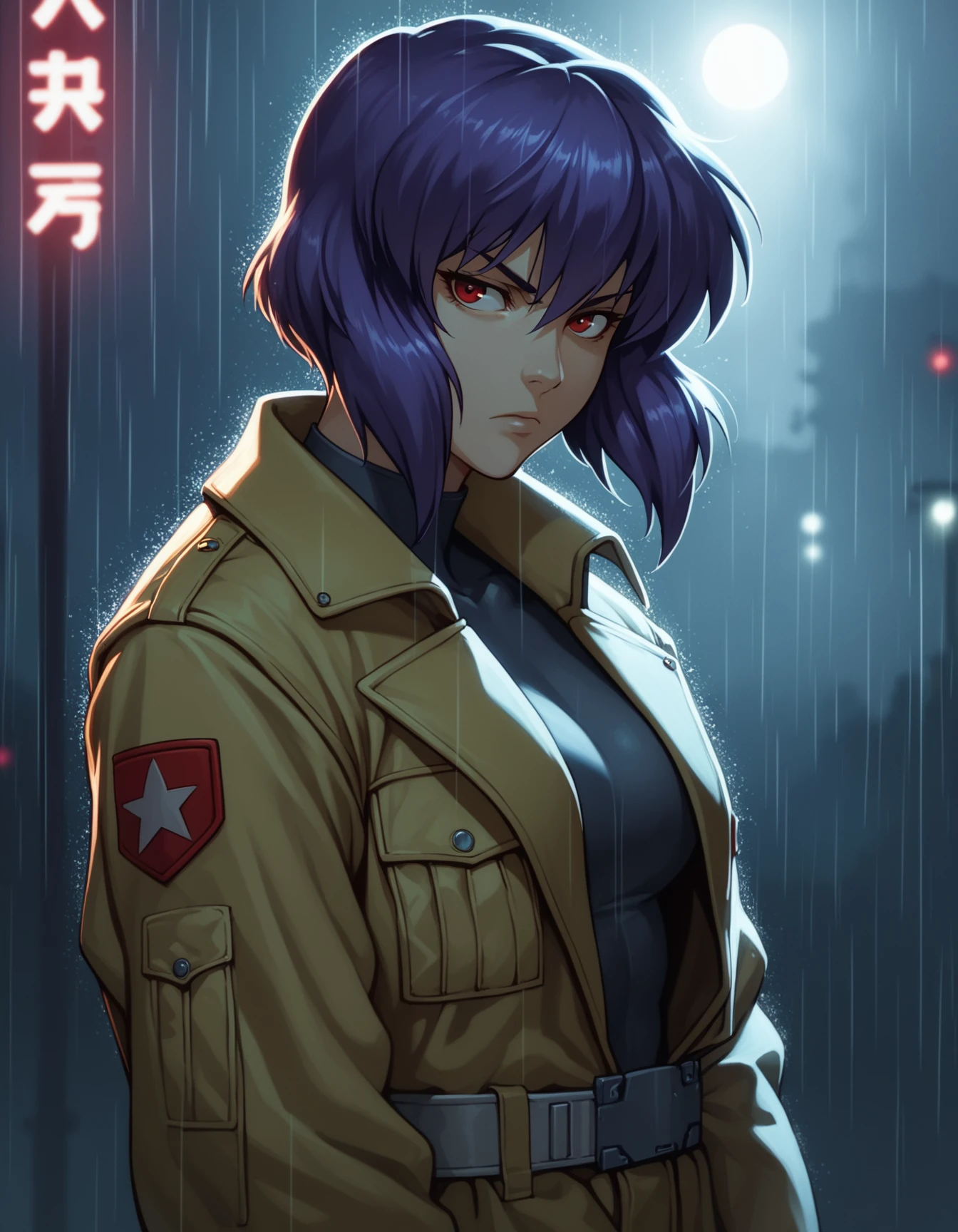 score_9, score_8_up, score_7_up, source_anime, 1girl, solo, kusanagi motoko, expressionless, serious, ghost in the shell, purple hair, red eyes, military uniform, yellow coat, serious, night, rain, neon lights, cinematic lighting
