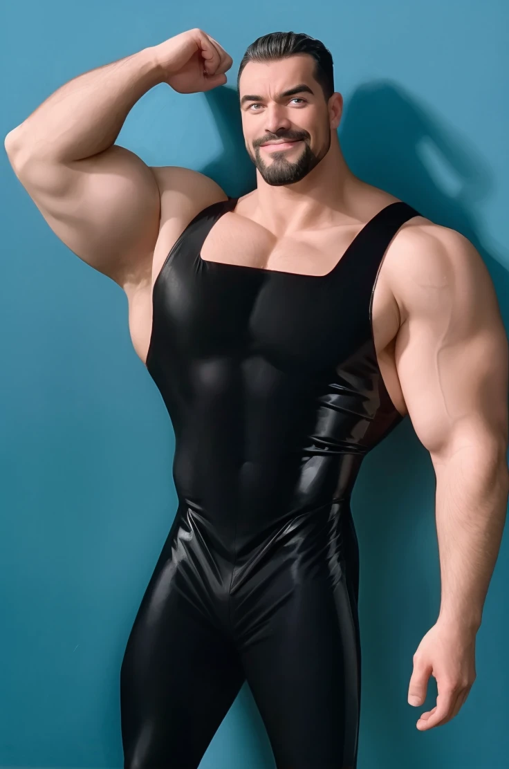 (RAW photo), 1boy, solo focus, upper body, absurdres, <lora:JacksonChappell:0.85>,  jacksonchappell, muscular male, muscular, looking at viewer, pectorals, latex bodysuit, large pectorals