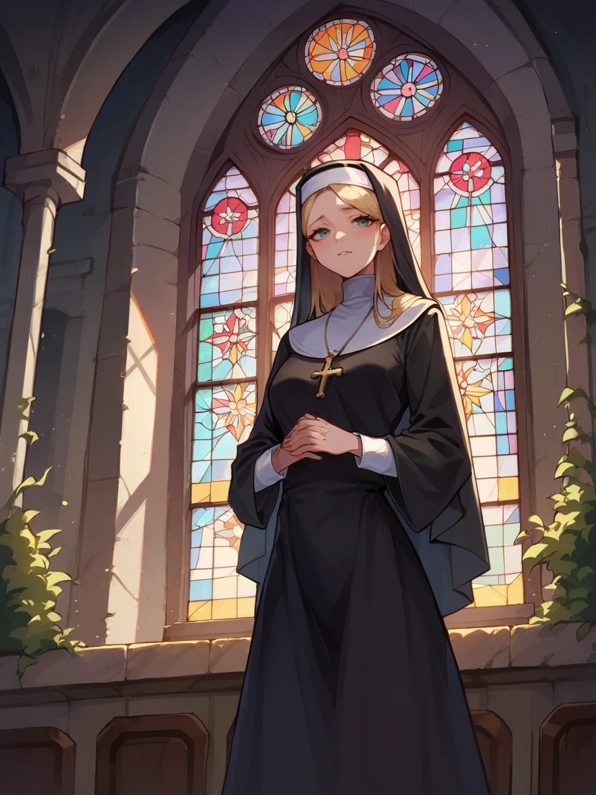 score_9, score_8_up, score_7_up, score_6_up, 1girl, long hair, nun  <lora:churchXLP:0.4> church, indoors, stained glass, window,