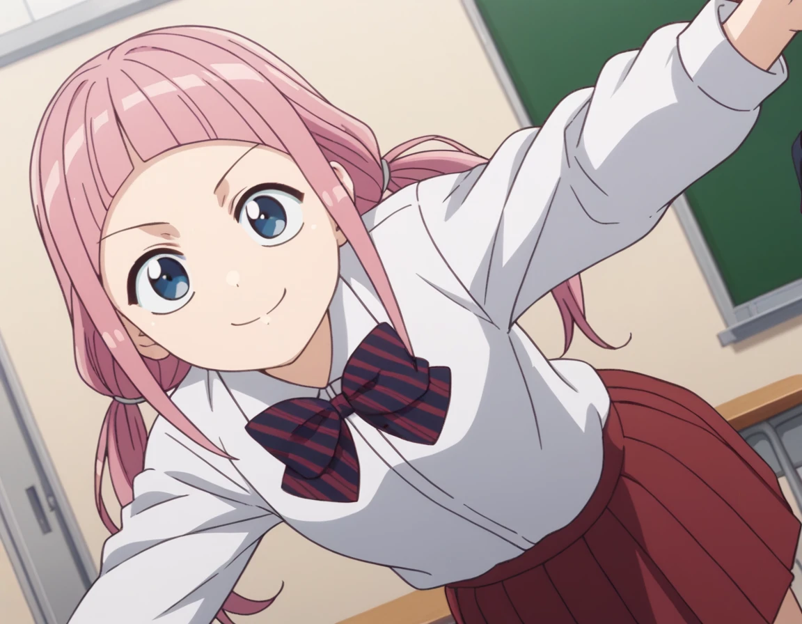 score_9, score_8_up, score_7_up, source_anime,
makeruyadano, <lora:makeru-yadano-s2-ponyxl-lora-nochekaiser:1>,
makeru yadano, long hair, bangs, ponytail, pink hair, twintails, blunt bangs, blue eyes,
skirt, shirt, long sleeves, bow, school uniform, white shirt, pleated skirt, striped, collared shirt, bowtie, red skirt, striped bow, striped bowtie,
indoors, classroom, bent over, smile,
looking at viewer, cowboy shot, dutch angle, solo,