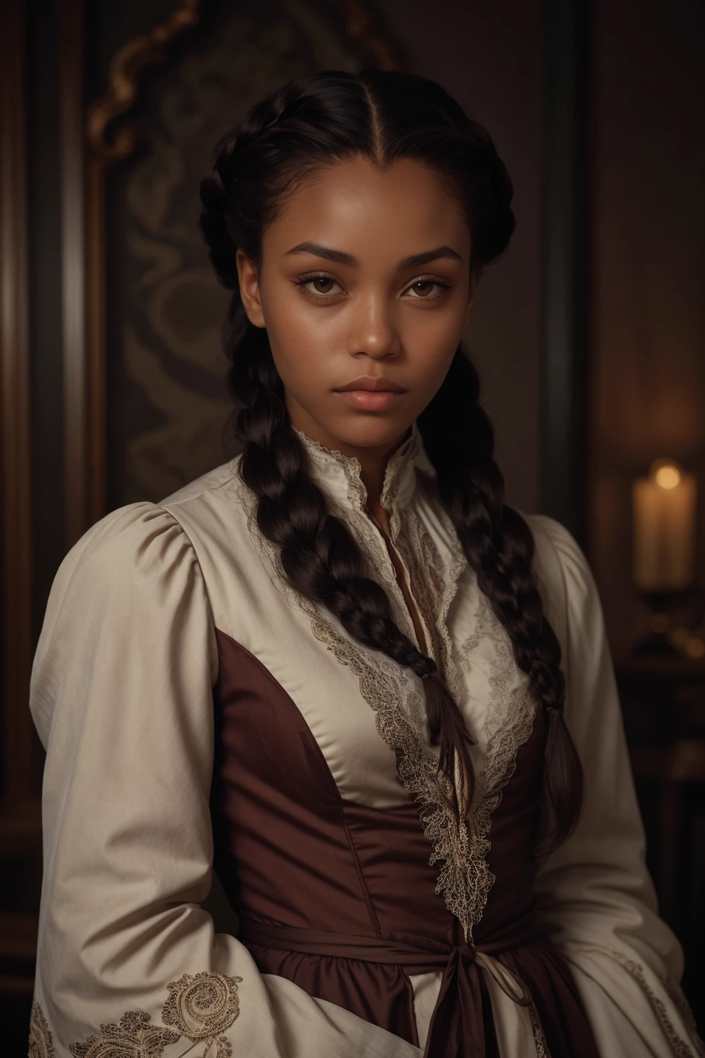 Realistic portrait of a african american woman with braided auburn hair, wearing a white assassin robe, assassin's creed. 18th-century era, She stands against a backdrop of soft, evening moonlight, casting a gentle warmth on her features.  <lora:[VG]_-_Aveline_de_Grandpre:1>