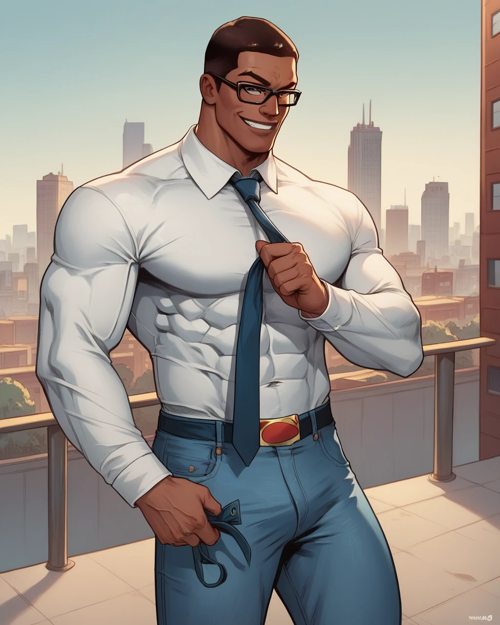 score_9, score_8_up, score_7_up, val zod, 1boy, dark-skinned male, muscular, superhero, glasses, white dress shirt, jeans, fixing tie, smirk, city