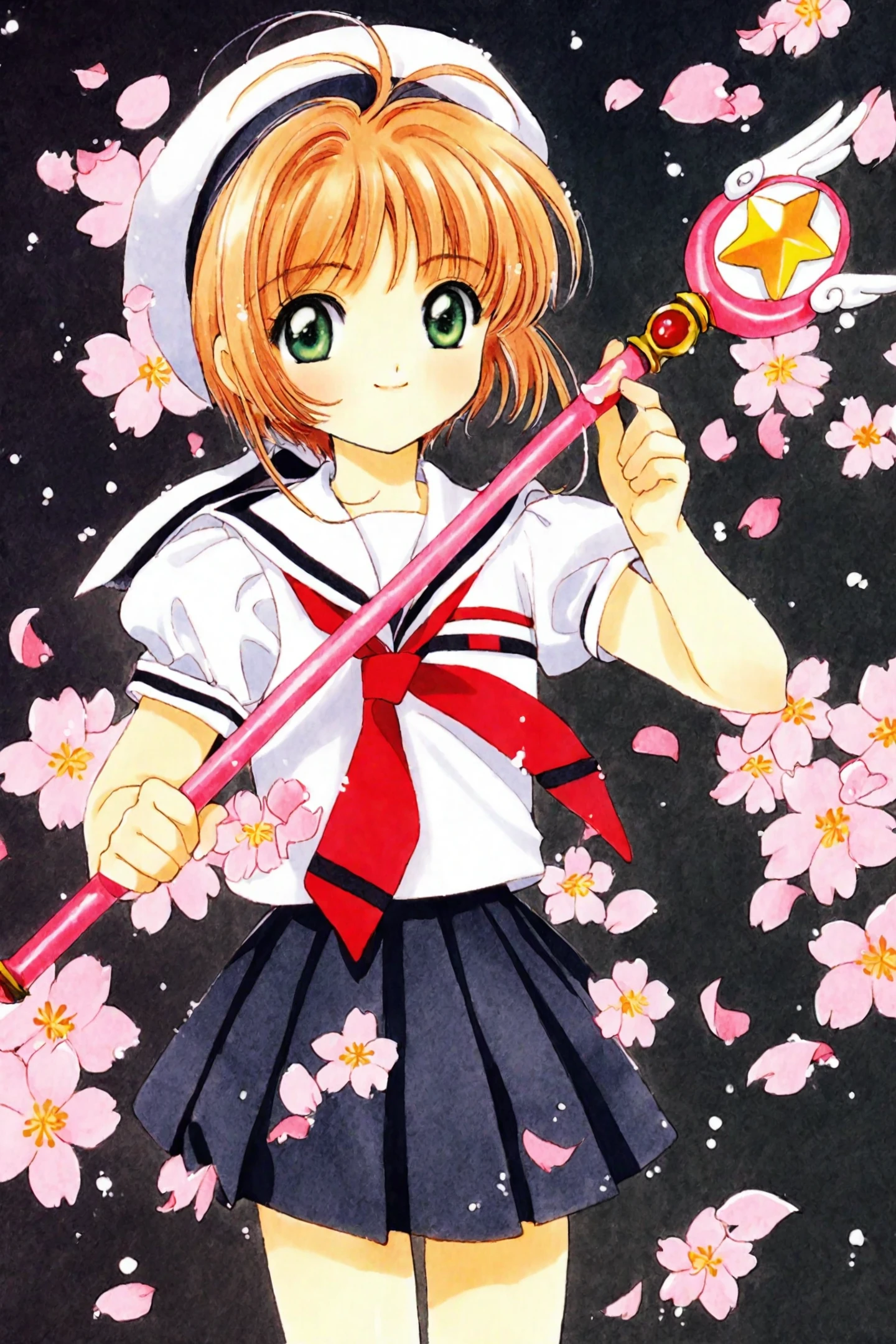 Card Captor Sakura,
1girl,kinomoto sakura,solo,tomoeda elementary school uniform,skirt,hat,green eyes,school uniform,holding,white headwear,petals,short sleeves,black skirt,pleated skirt,smile,antenna hair,puffy sleeves,brown hair,white shirt,shirt,puffy short sleeves,wand,1990s (style),looking at viewer,cowboy shot,closed mouth,short hair,cherry blossoms,serafuku,holding wand,white sailor collar,fuuin no tsue,retro artstyle,bangs,sailor collar,beret,magical girl,
<lora:CLAMP_XL:0.8>,