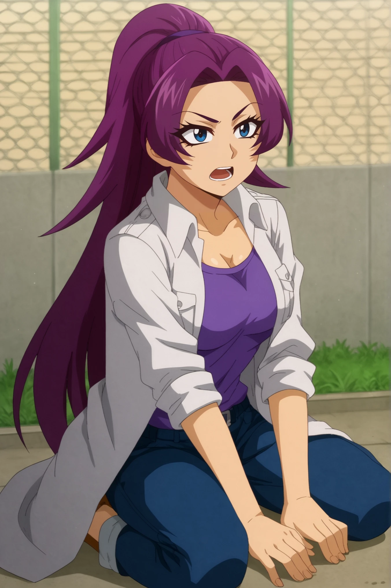 <lora:Erika_Otohime:0.7> Erika Otohime, 1girl, solo, breasts, open_mouth, shirt, cleavage, sitting, outdoors, pants, denim, purple_shirt, lab_coat, fence, chain-link_fence <lora:sdxl_lightning_4step_lora:1>