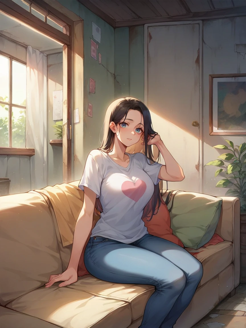 score_9, score_8_up, score_7_up, score_6_up, 1girl, long hair,  <lora:d3c4yXLP:0.4> d3c4y, jeans, t-shirt, abandoned, indoors, curvy, couch,