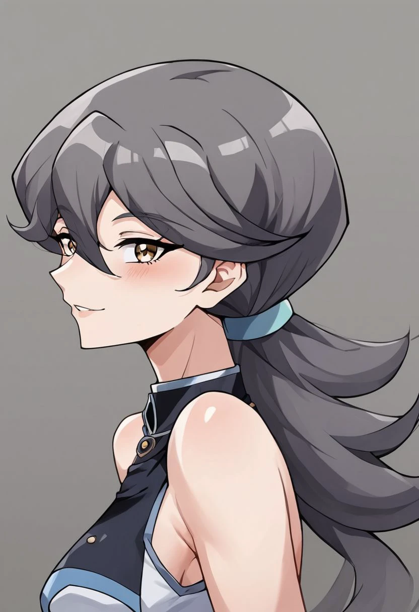 1girl, anime artwork, 2d art, (lora:Momoe:1.5), grey background, (3/4 body:1.5), (side view:1.2), dark grey hair color, (seductive pose:1.5), nsfw,
