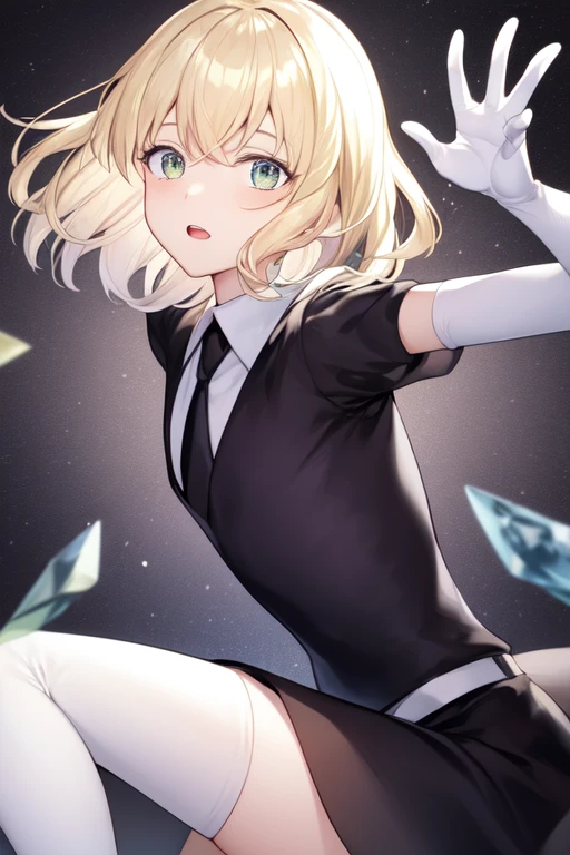 rainbow eyes, open mouth, 1other, blonde hair, long sleeves, androgynous, elbow gloves, necktie, gem uniform (houseki no kuni), long hair, white gloves