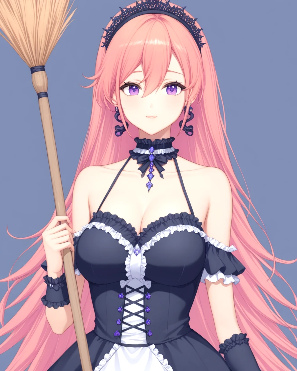 runie, bangs, bare shoulders, breasts, cleavage, collarbone, detached sleeves, crown, dress, earrings, hair between eyes, jewelry, long hair, nail polish, solo, very long hair, pink hair, purple eyes, 
 <lora:RUNIE-XL-t5-000001:0.6>
(maid outfit, frills, holding a broom)