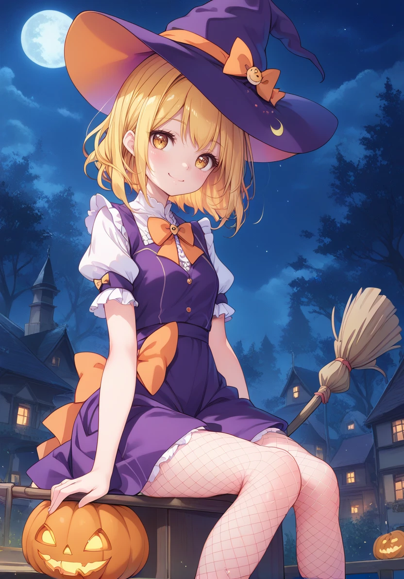 score_9, score_8_up, score_7_up, masterpiece, best quality, 1girl,  solo,  <lora:AnisonChanV1:1>, Anison-Chan, blonde hair, yellow eyes, smile, blush, shirt, hat, dress, bow, sitting, short sleeves, pantyhose, frills, sky, puffy sleeves, bowtie, tree, puffy short sleeves, witch hat, night, moon, cat, fishnets, yellow bow, broom, halloween, purple skirt, orange bow, jack-o'-lantern, witch, fishnet pantyhose, bat \(animal\), crescent moon, broom riding, sidesaddle