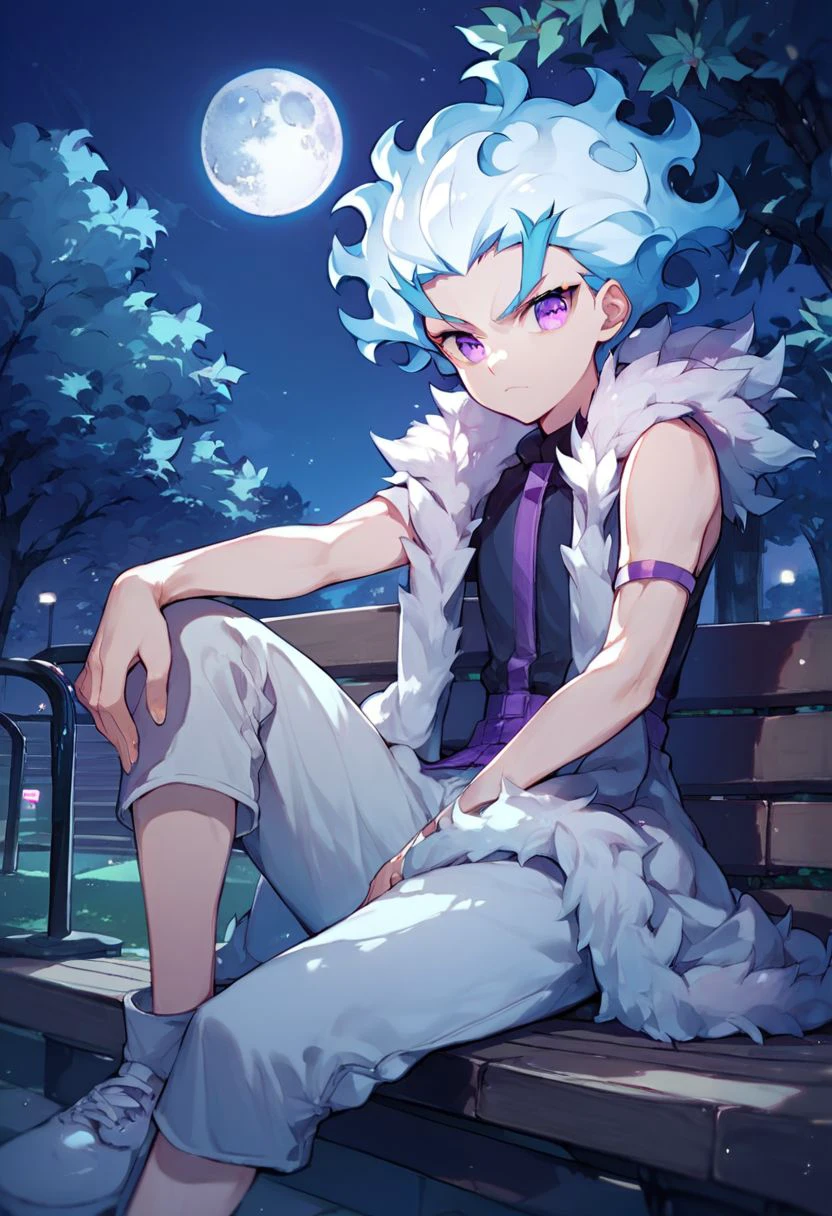 score_9_up, score_8_up, score_7_up, anime style, anime style, (middle shot),  flame-shaped hair, fire-shaped hair, pale-skinned, light-blue and white hair, violet eyes, ringed eyes, sitting, park background, night, moon, moonlight on the body,