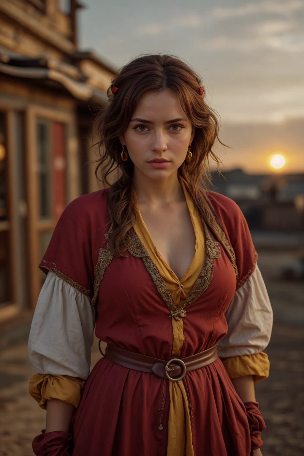 Realistic portrait of an hispanic woman with curly auburn hair, wearing a crimson gypsy tunic with yellow vests, (red headband:1.1), circle earrings, sash, leather belt, leather gloves, (flustered:1.3), She stands against a backdrop of soft, golden evening sunlight, casting a gentle warmth on her features. fantasy, <lora:[VG]_-_Ezmeralda_D'Avenir:1> mt-ezmeralda