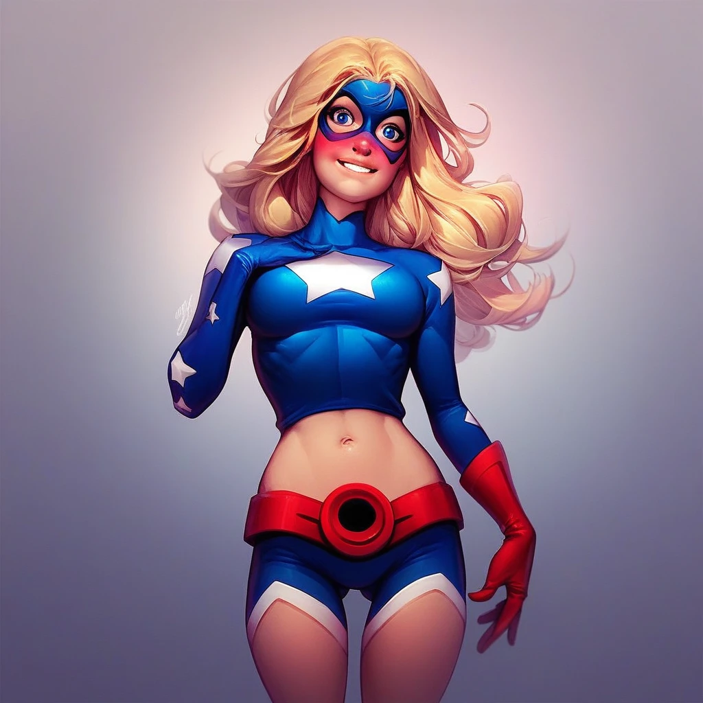 score_9, score_8_up, score_7_up, source_cartoon BREAK 1girl, solo, stargirl costume, blonde hair, long hair, blue eyes, looking at viewer, blush, smile, wave, hetero, superhero, domino mask, star (symbol), crop top, midriff, navel, cowboy shot, standing, thigh gap, gluteal fold, gradient background, medium breasts, perky breasts, rating_questionable