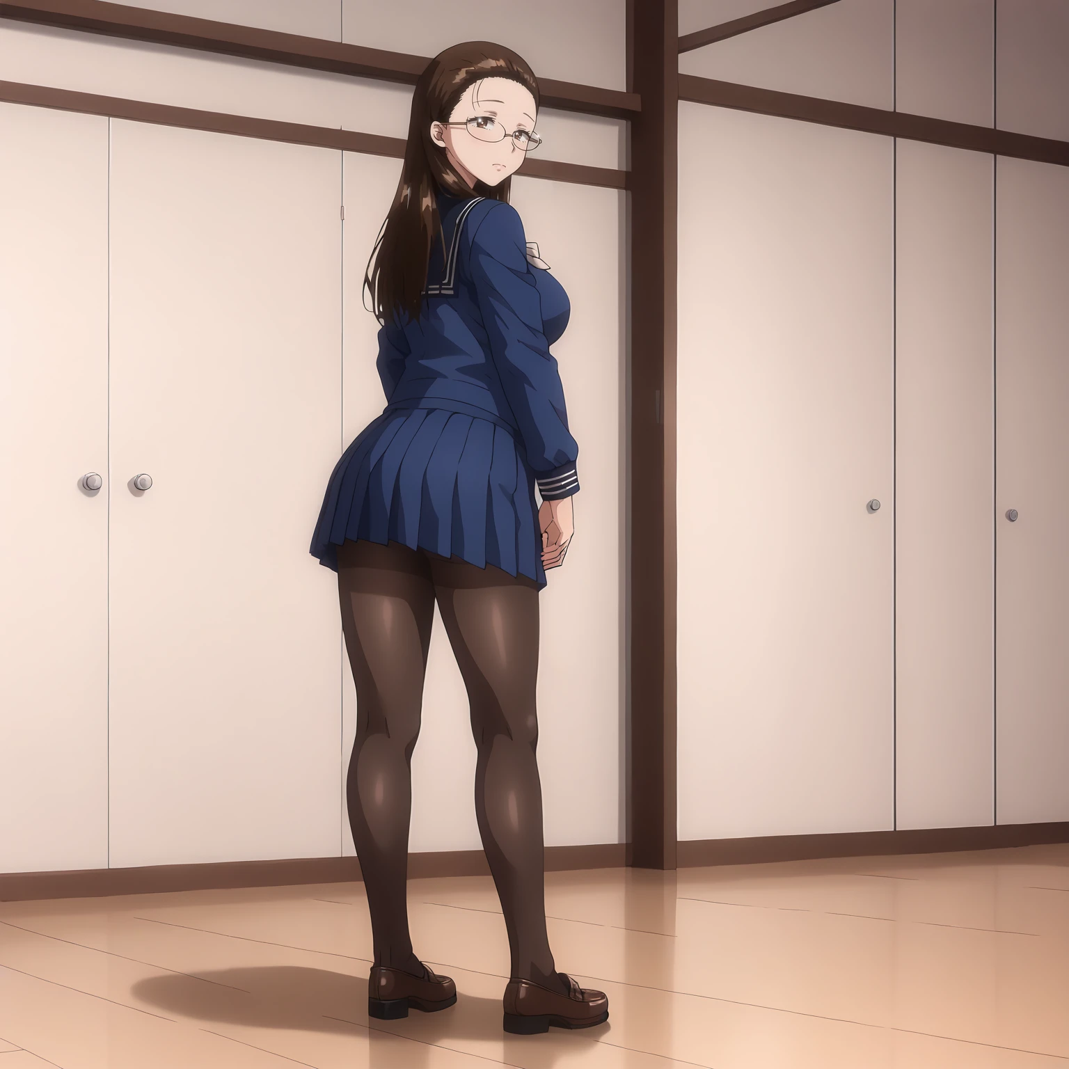 masterpiece, maple pines, Brown hair, long hair, hair band, flat chest, smile, Braces, Sweater, skirt, shoes, star print, hands on hips, in room, panties, pantyshot