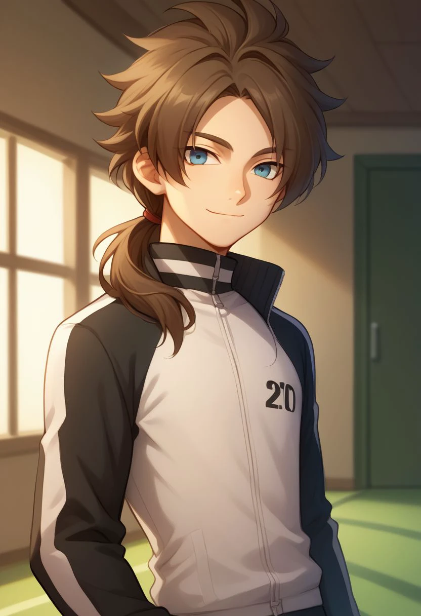 score_9, score_8_up, source_anime, highly detailed, 1boy, male_focus, solo,
skinny,
caleb, 1boy, male focus, blue eyes, brown hair, solo, jacket, smile, track jacket, ponytail, closed mouth, upper body, long hair, low ponytail,
indoor, smile