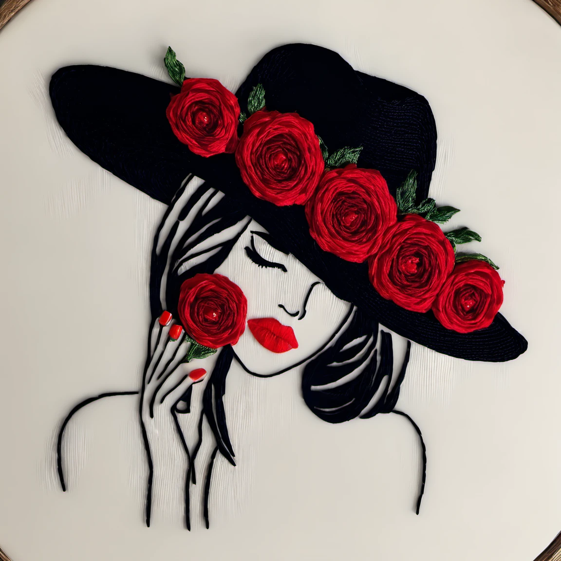 embrodarythreadart, girl, hat, flower, rose, lipstick, portrait, red nails, red rose, one eye covered, red lips<lora:embrodary_thread_art:1>