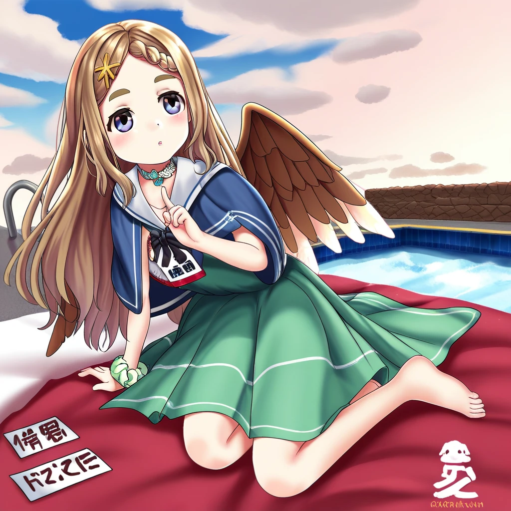 aobakokona, choker, cloud, wings, pool, solo focus, thighhighs, index finger raised, fur-trimmed boots, thick eyebrows, white bra, curtain grab, fur-trimmed capelet, name tag, on bed, ice cream, blue eyes, green dress, white scrunchie, dragonfly, barefoot, red dress, sailor dress, :d, parted lips, black bow, road, blue jacket