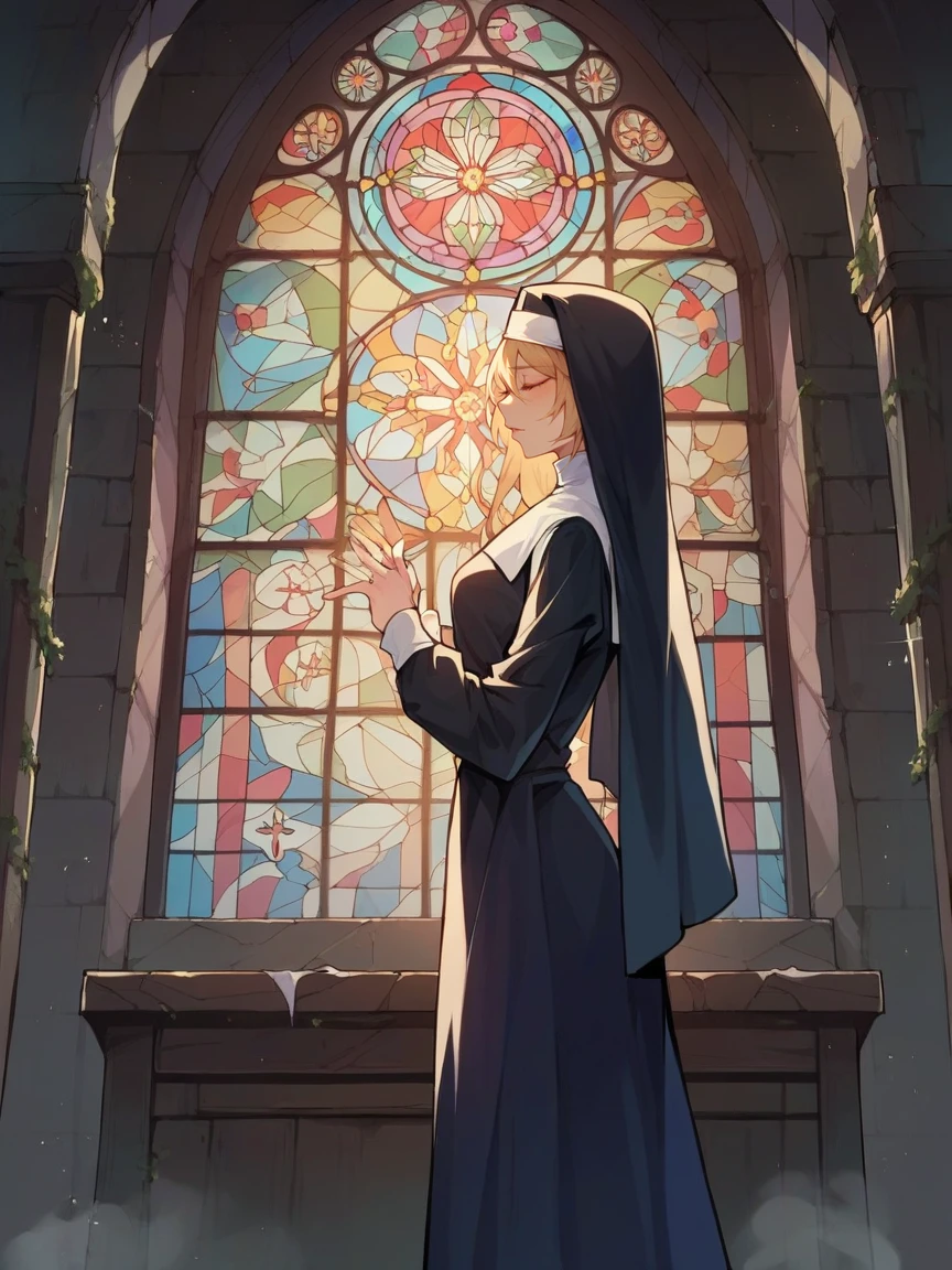 score_9, score_8_up, score_7_up, score_6_up, 1girl, long hair, nun  <lora:churchXLP:0.4> church, indoors, stained glass, window,