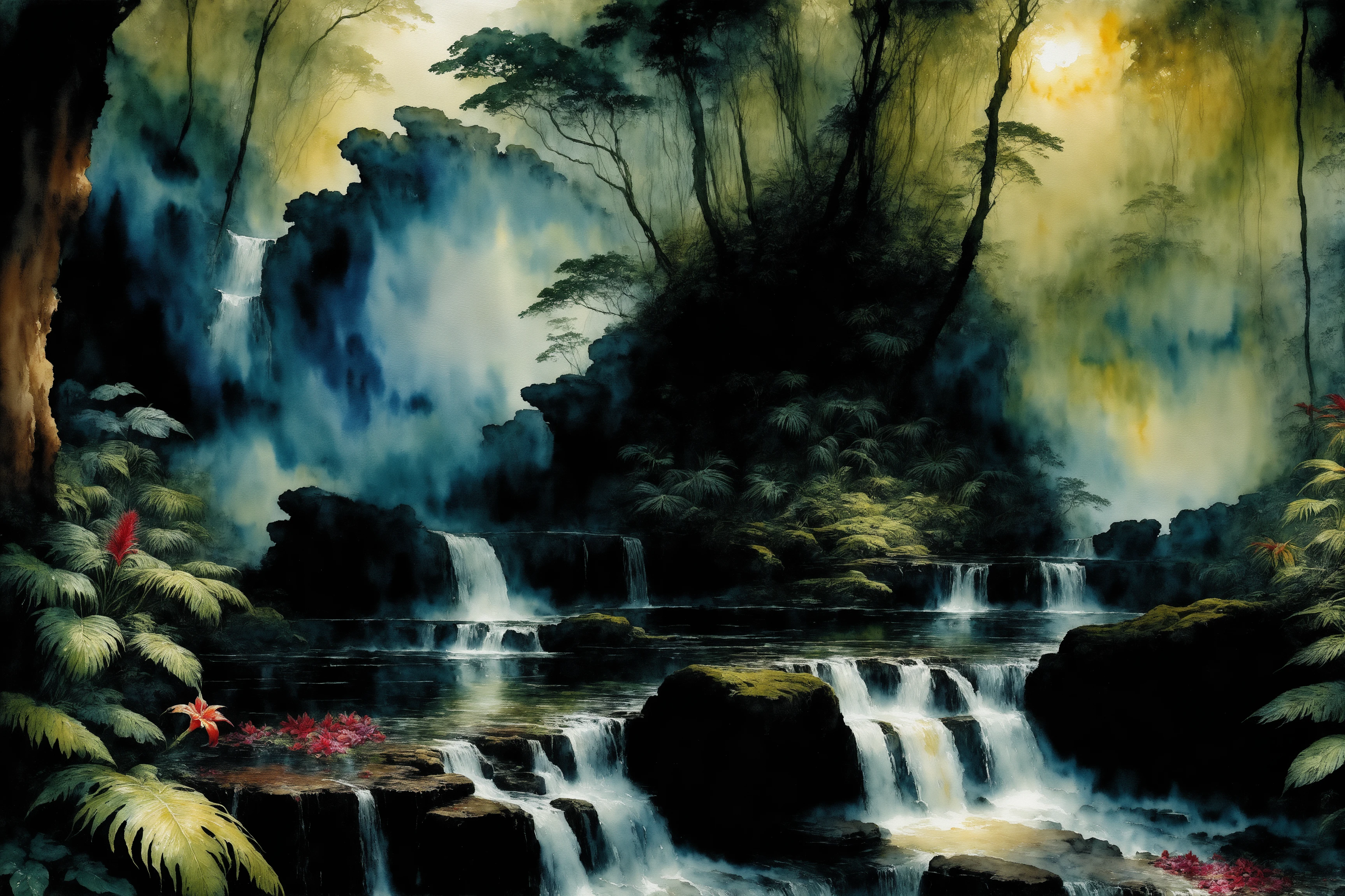 (Watercolor on textured paper:1.3), (dark rich colors:1.1), a magical hot spring nestled in the heart of a lush, intricately detailed jungle, surrounded by a plethora of beautiful and exotic flowers, moodily lit with an ethereal ambiance, (Moody Lighting:1.2), (Ethereal Atmosphere:1.2), vibrant but realistic colors, (Realistic Colors:1.1), (Exotic Flowers:1.2), (extreme detail:1.1), intricate detail, 8k, Masterpiece quality, influenced by Alexandre Calame, Andreas Achenbach, Carne Griffiths. Kazuo Oga inspires the ethereal, lush environmental detailing, with added (ethereal:1.1) and (mystical night atmosphere:1.2), detailed background, vibrant colors on a dark background, <lora:watercolor_sdxl:0.7>, masculine color pallet