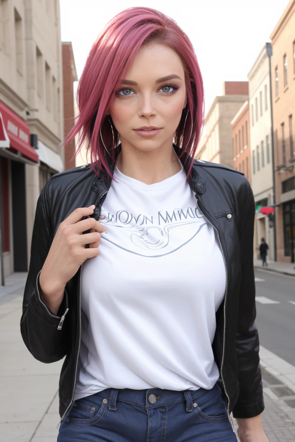 <lora:mondongo_LoRA_AnnaBellPeaks_v2:1> mndngwmn, colored hair, (ultra realistic, 8k,high quality), natural lighting,, wearing a leather jacket,white t-shirt, jeans, on a city downtown, daytime