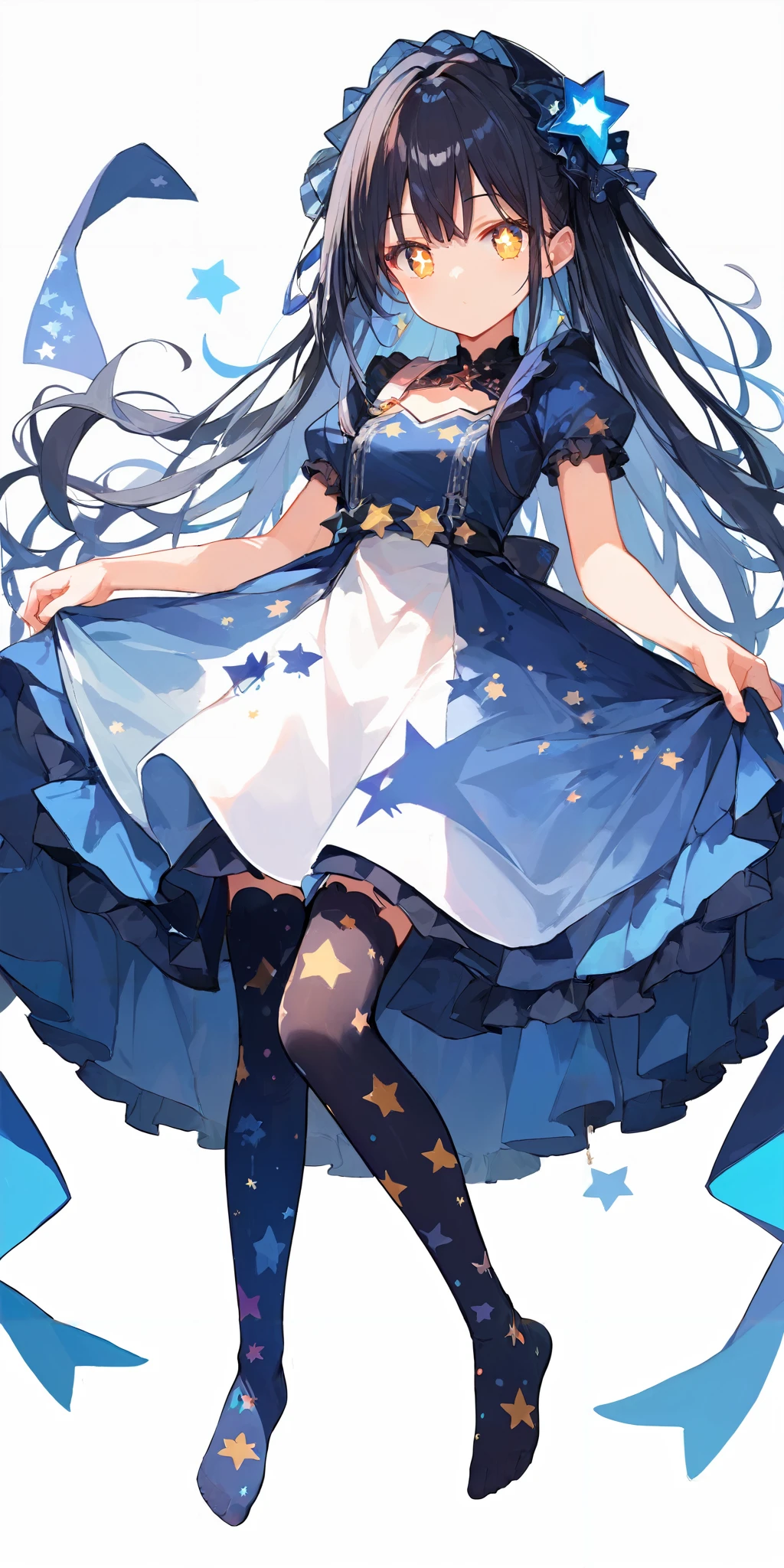 score_9, score_8_up, score_7_up,source_anime, high res image,masterpiece,best quality,girl,cute face,clear skin,shiny hair,ultra detailed eyes,simple background, <lora:ni-so_pony_V1.0:1> jyojifuku, star print thighhighs,dress,foot