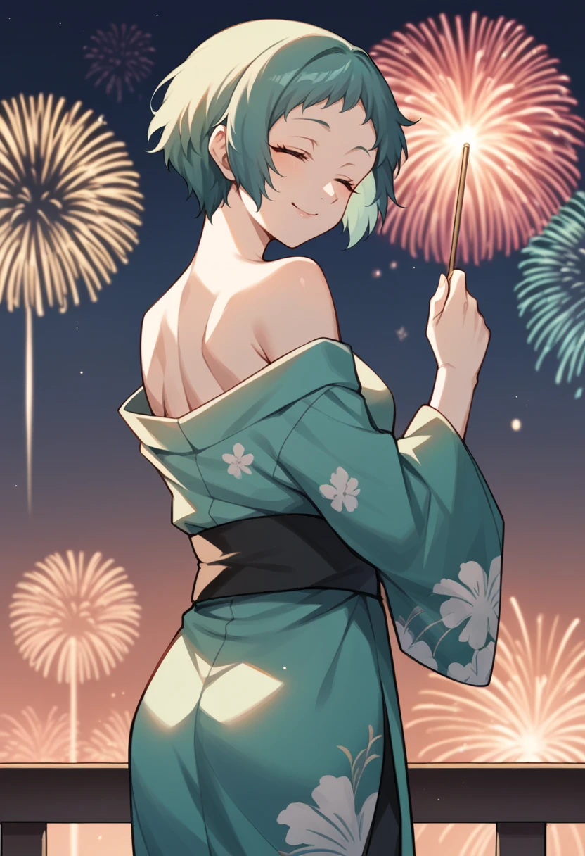 score_9, score_8_up, score_7_up, source_anime BREAK 1girl, solo,
<lora:zs_FuukaXL:1> fuukasummer, aqua hair, short hair, grey eyes,  green kimono, floral print, off shoulder, bare shoulders, fireworks, smile, mouth closed, from behind