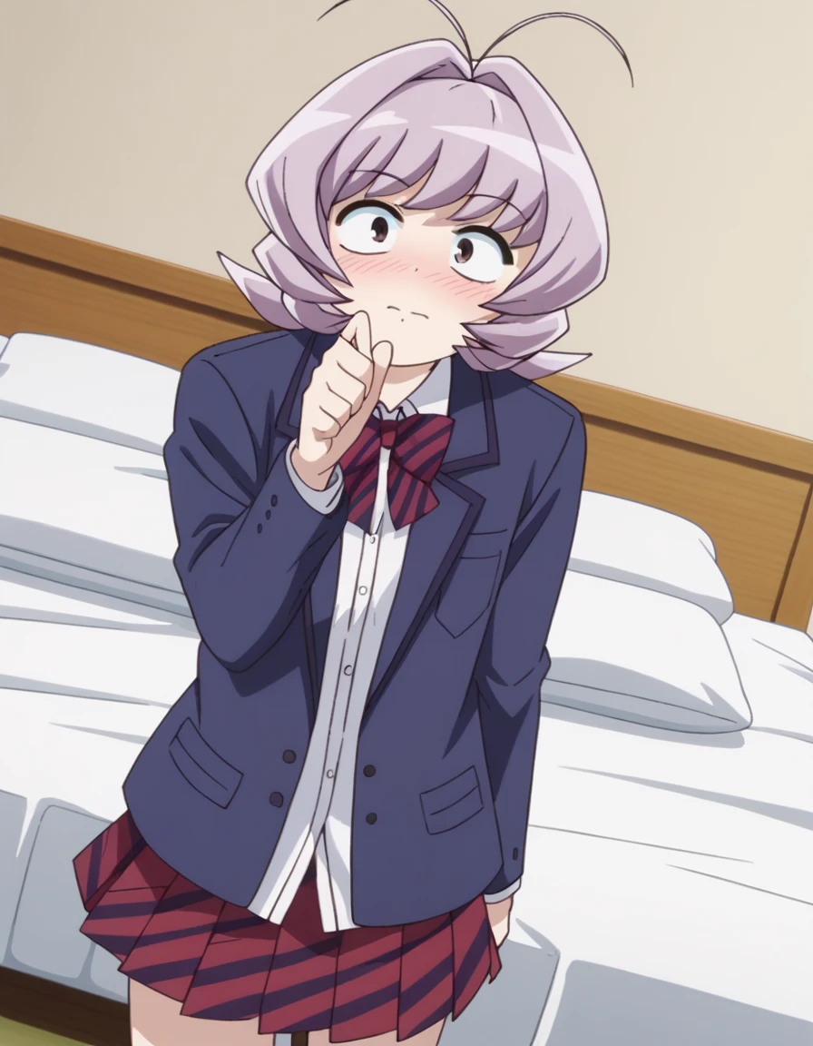 score_9, score_8_up, score_7_up, source_anime,
najimiosana, <lora:najimi-osana-s1s2-ponyxl-lora-nochekaiser:1>,
najimi osana, short hair, brown eyes, purple hair, hair intakes, antenna hair,
skirt, shirt, long sleeves, bow, school uniform, jacket, white shirt, pleated skirt, striped, collared shirt, bowtie, red skirt, blazer, blue jacket, striped bow, striped bowtie,
indoors, bed, bed room, on side, blush, drunk,
looking at viewer, cowboy shot, dutch angle, solo,