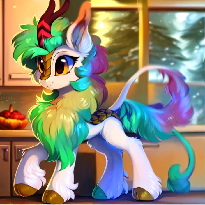 safe, solo, asla, kirin, female, kirin, aurora borealis, unshorn fetlocks, kitchen, cute, fluffy, artist:hioshiru, xbi