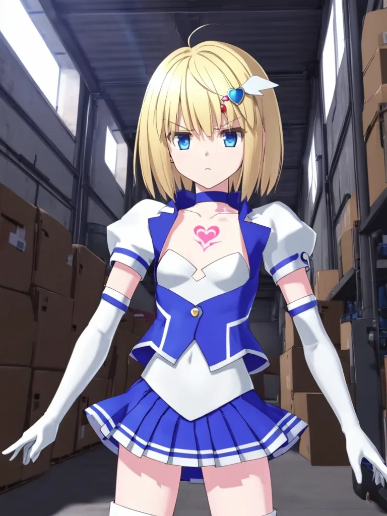 score_9, source_anime, 1girl, solo, saorikohinataps, small breasts, blonde hair, short hair, hair ornament, blue eyes, magical girl, choker, vest, white croptop, elbow gloves, collarbone, tatoo, blue skirt, white thigh boots, standing, serious, indoors, warehouse  <lora:prismshirleyXL:1>