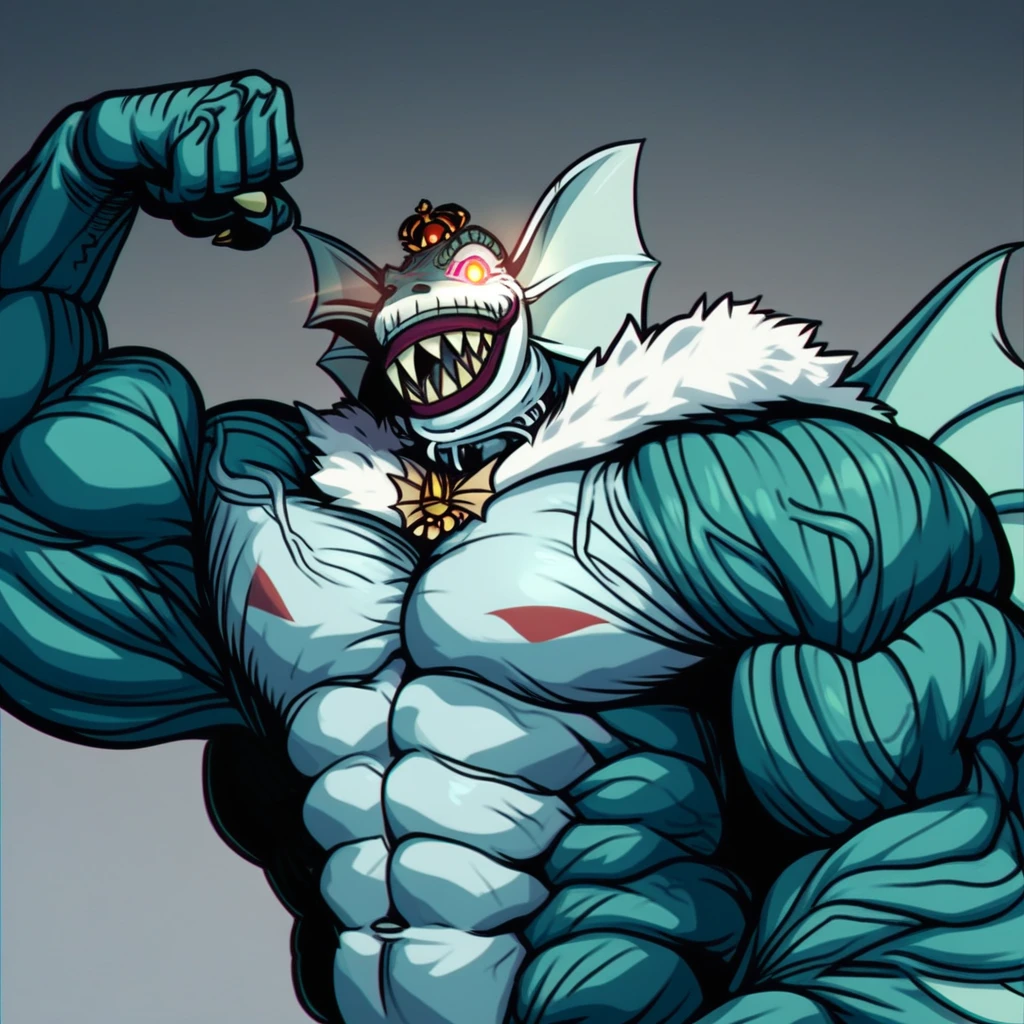 score_9, score_8_up, score_7_up BREAK Deep sea king, fish man, muscular male, solo, 1boy, looking at viewer, glowing eyes, smile, teeth, open mouth, large veiny muscles, large pectorals, flexing