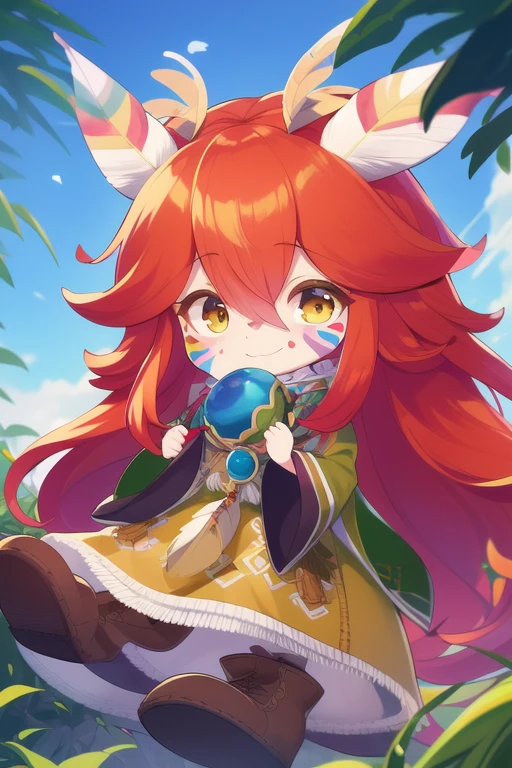 masterpiece, high quality, very_high_resolution, large_filesize, full color,  <lora:Popoi_SD:1>
Popoi, long hair, androgynous, feather hair ornament, hair ornament, feathers, red hair, facepaint, facial mark, orange hair, yellow eyes, very long hair, hair between eyes, chibi,
poncho, tunic, boots,
forest, sky,