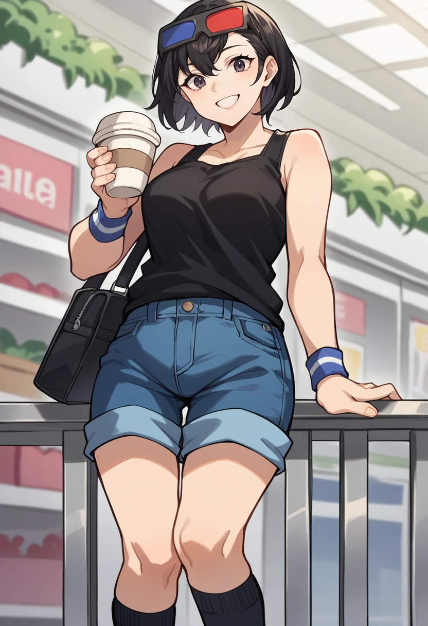 score_9, score_8_up, score_7_up, source_anime BREAK 1girl, solo,
<lora:zs_MotokoXL:1> motokop2, black hair, short hair, eyewear on head, black tank top, blue shorts, wristbands, black knee socks
cowboy shot, mall, holding coffee in one hand, smile