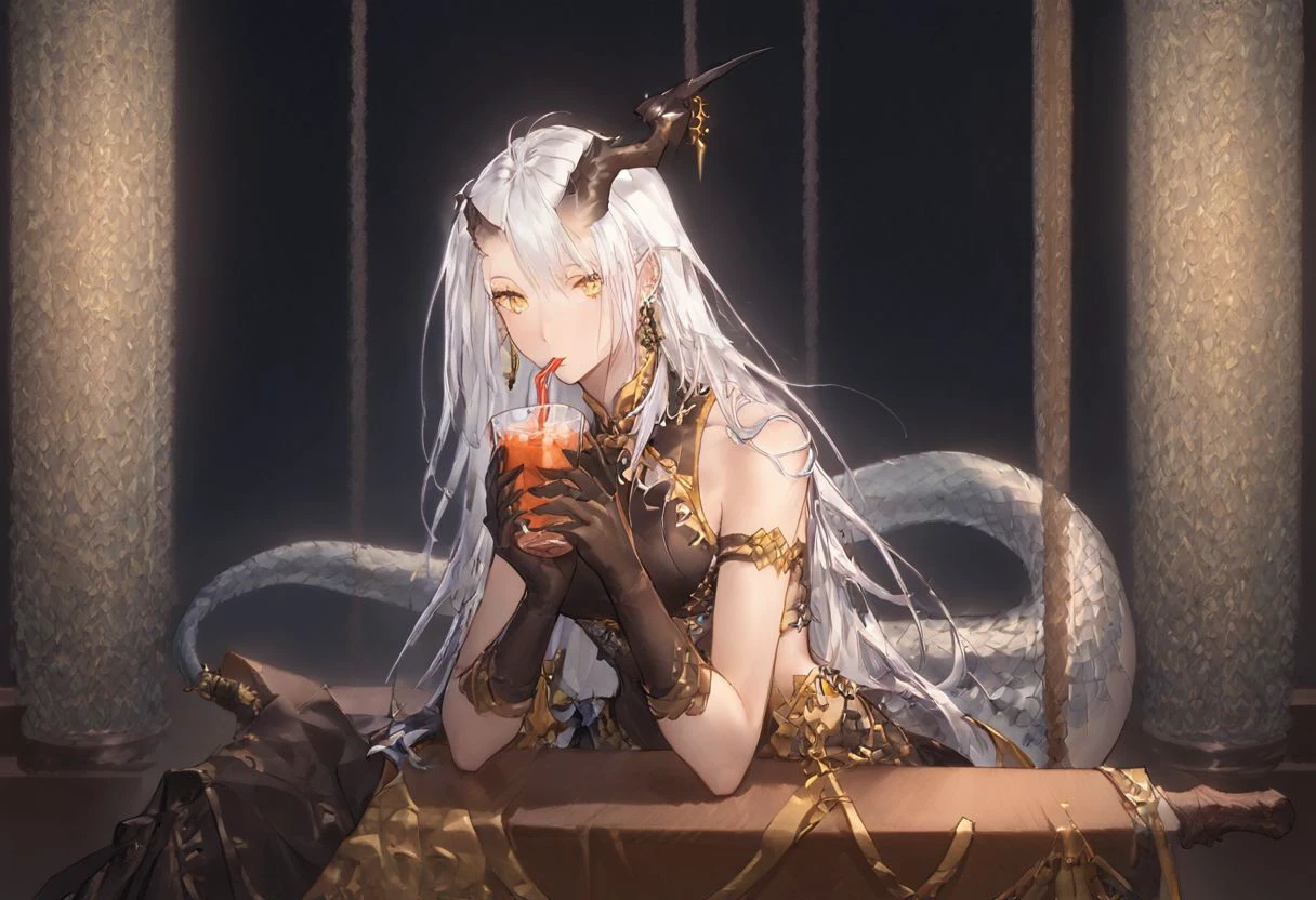 score_9, score_8_up, 1girl, (mizuchi sitting on wooden table drinking tea), mizuchi, long freeflowing white hair, ultra detailed, (((beautiful face))), (((beautiful eyes))), in warm oriental tavern, (((clean anime style))),
white hair, yellow eyes, lizard pupils, horn, broken horn, tail, 1 wing, 1 earring, clawed hands, high heeled boots, sleeveless black and gold top, black and gold skirt, scale pattern, black and gold tassles, black elbow gloves, belts,