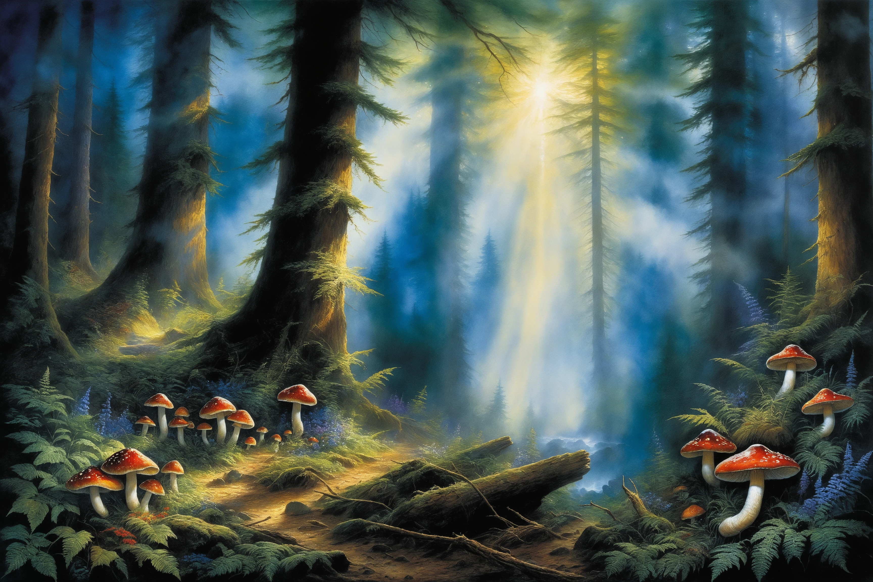 (high contrast:1.2), (Watercolor on textured paper:1.3), A vibrant and moody intricately detailed forest scene, (Extreme detail:1.2), dramatic lighting with a focus on vivid, contrasting colors against a dark background, lush foliage in rich greens, blues, and purples, illuminated by ethereal light shafts breaking through the dense canopy, glowing mushrooms and small, colorful creatures adding life and color, mist weaving through the trees enhancing the mystical atmosphere, (vibrant colors:1.1), (depth of field:1.1), masterpiece, 8k, influenced by (Alexandre Calame:1.2) for his atmospheric landscapes, (Ivan Shishkin:1.2) for his detailed forest textures, (Albert Bierstadt:1.2) for his use of light and shadow in wilderness scenes, with a nod to (James Gurney:1.2) for his imaginative use of color and fantasy elements, <lora:watercolor_sdxl-000008:0.5>, masculine color pallet, <lora:add_detail:1>