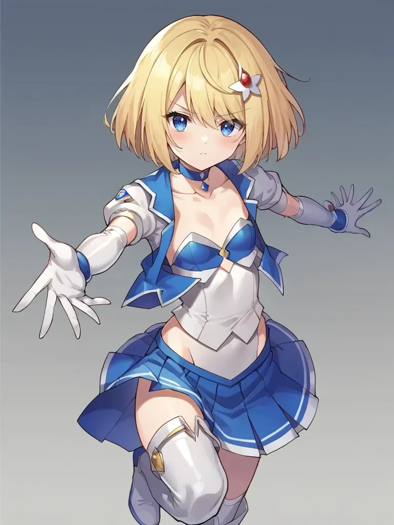 score_9, score_8_up, score_7_up, source_anime, <lora:mahoushoujoprismshirleypony:1>,
1girl, solo, saoriprismshirley, small breasts, blonde hair, short hair, hair ornament, blue eyes, magical girl, choker, vest, white shirt, white short sleeves, elbow gloves, collarbone, blue skirt, white thigh boots, standing, serious, dynamic pose