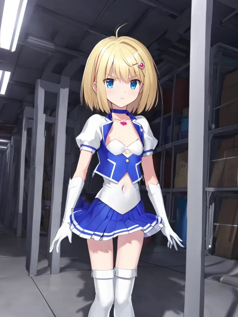 2D, score_9, source_anime, 1girl, solo, saorikohinataps, small breasts, blonde hair, short hair, hairpin, blue eyes, magical girl, choker, blue vest, white croptop, white covered navel, white short sleeves, elbow gloves, collarbone, tatoo, blue skirt, white thigh boots, standing, serious, indoors, warehouse  <lora:prismshirleyXL:1>