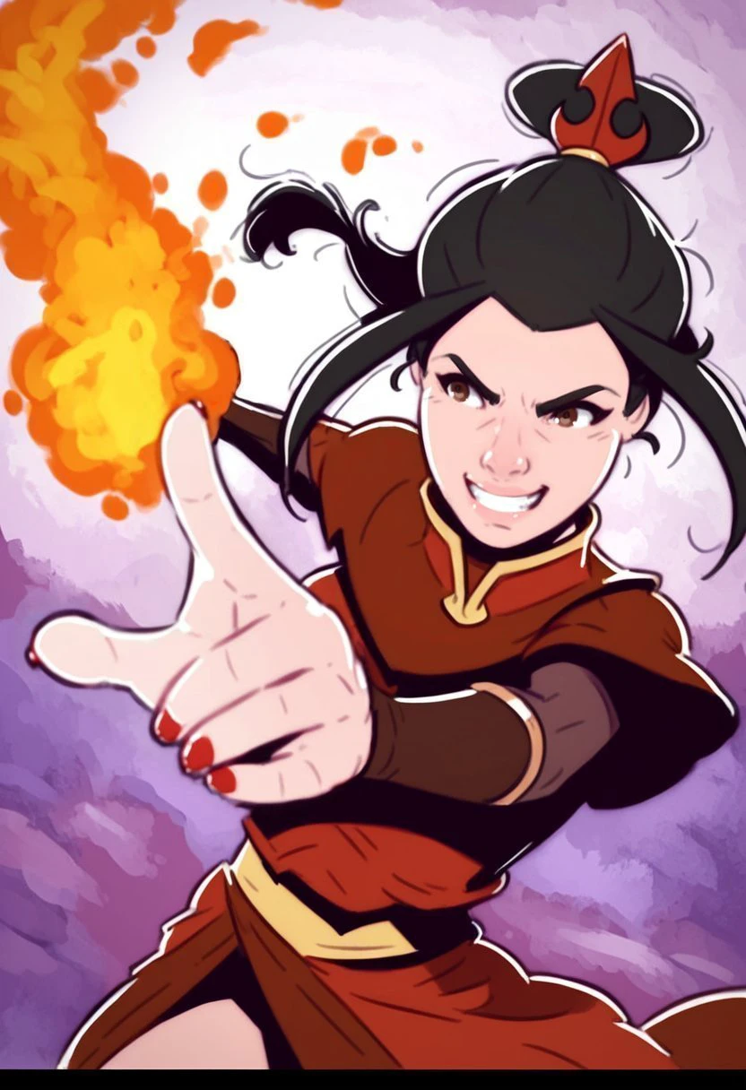 score_9, score_8_up, score_7_up, score_6_up, davecheung-dh BREAK, dynamic angle, battle pose, evil look, grin, azula, black hair, brown eyes, lipstick, makeup, ponytail, topknot, fire magic, fire background <lora:Artist_Style_-_Dave_Cheung:0.7>  <lora:add-detail-xl:0.4>  <lora:AzulaXL:0.7>