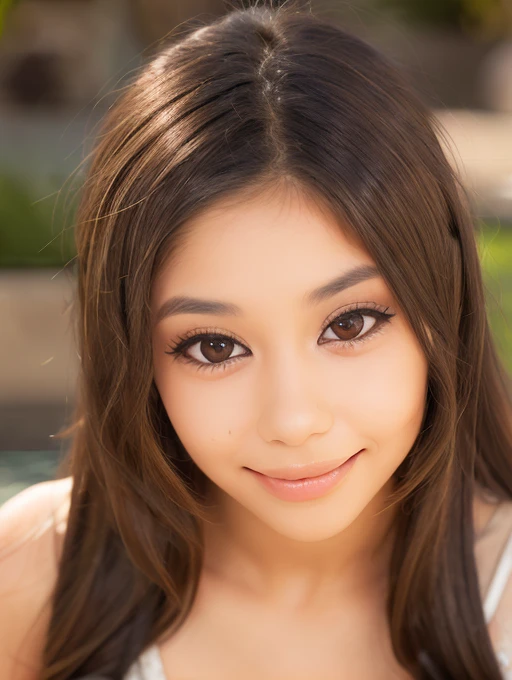 xxlayna_marie,young woman looking into camera ,1girl,solo,long hair,looking at viewer,brown hair,brown eyes,smile,realistic,depth of field <lora:xxlayna_mariev1:1>