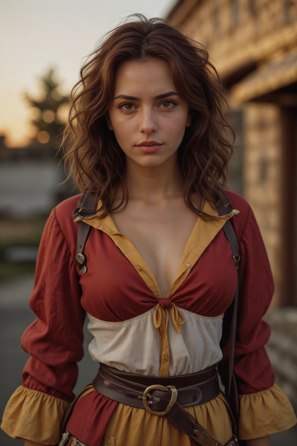 Realistic portrait of an hispanic woman with curly auburn hair, wearing a crimson gypsy outfit with yellow lining, sash, leather belt, leather gloves, (Tight-lipped:1.3), She stands against a backdrop of soft, golden evening sunlight, casting a gentle warmth on her features. <lora:[VG]_-_Ezmeralda_D'Avenir:1> mt-ezmeralda