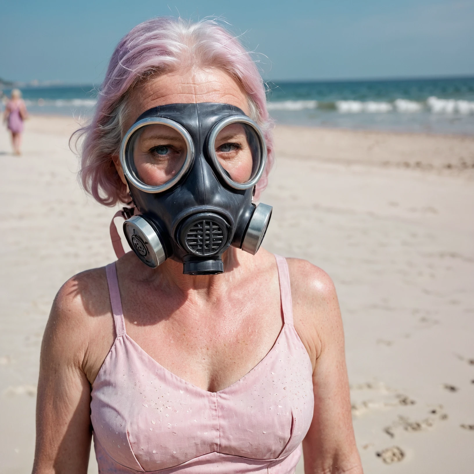 RAW photo, full body portrait shot of a beautiful 70 year old woman wearing a gas mask on the beach, wrinkled face, pink summer dress, full sharp, detailed face, visible feet, blue eyes, (high detailed skin:1.2), 8k uhd, dslr, soft lighting, high quality, film grain, Fujifilm XT <lora:polyhedron_gas_mask-000006:0.5>
few pale freckles, pale skin, snow white skin, oiled shiny skin, dry skin, powdered skin, porcelain skin, blush, flushed cheeks, wrinkles, dark circles under the eyes, beauty spot, moles, blackhead, visible skin detail, dark circles under the eyes, acne scars, goosebumps, remarkable detailed pupils, perfect eyes, perfect hands with four fingers and one thumb each <lora:polyhedron_all_sdxl-000004:0.3>