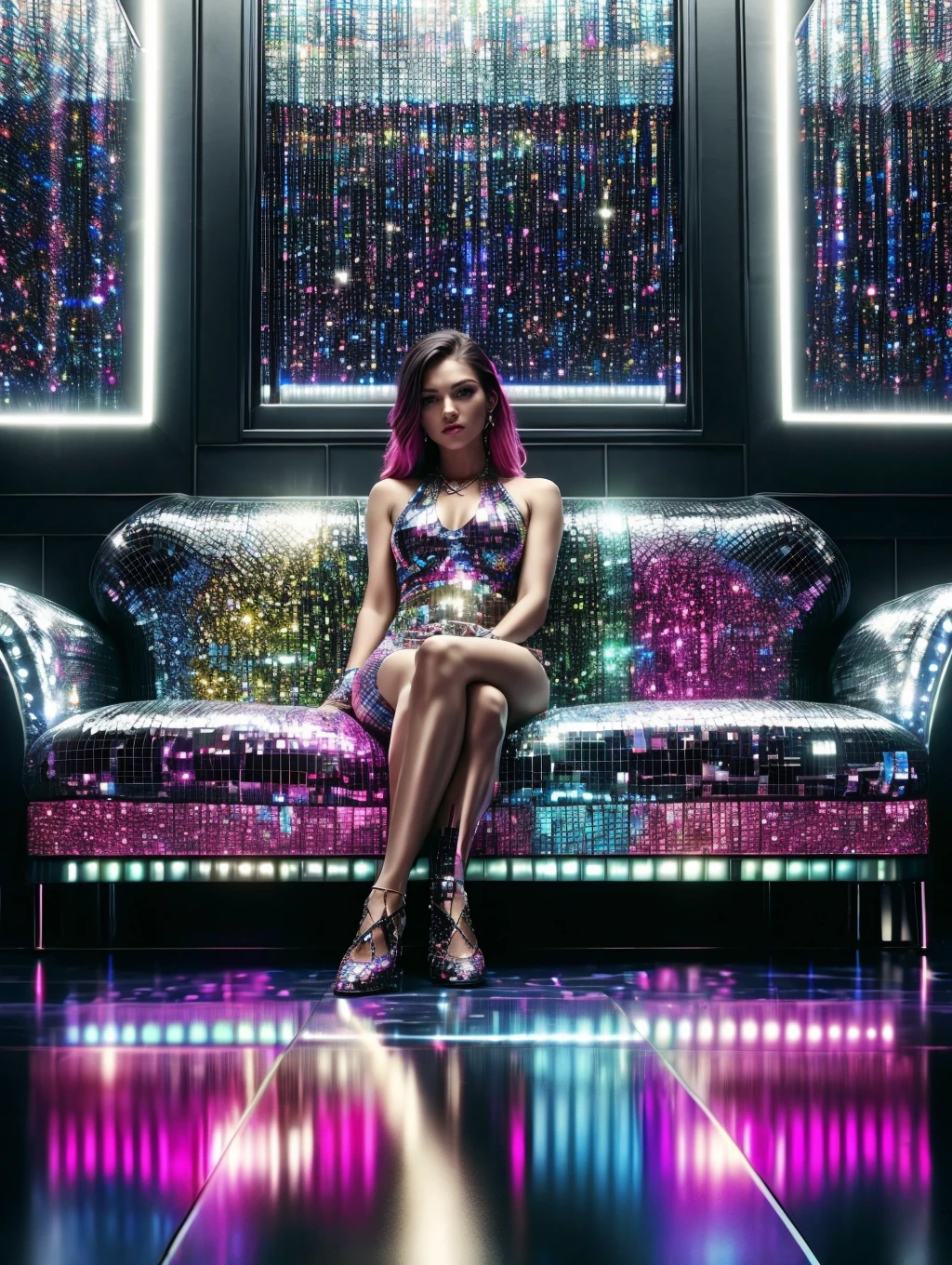 woman in colorful dress sitting on a sofa made of mad-dscbll,   colorful light reflections, lightrays, (night club:1.4), neon lights,  <lora:Disco_Ball_SD1.5:0.8>, (masterpiece:1.2), best quality