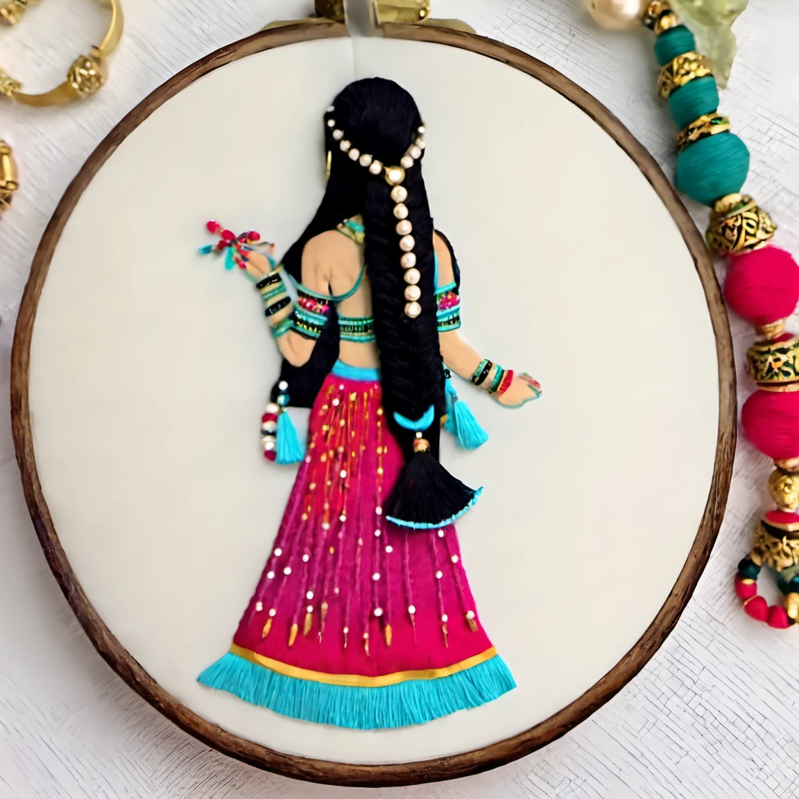 embrodarythreadart, girl, long hair, skirt, black hair, white background, jewelry, bracelet, from behind<lora:embrodary_thread_art:1>