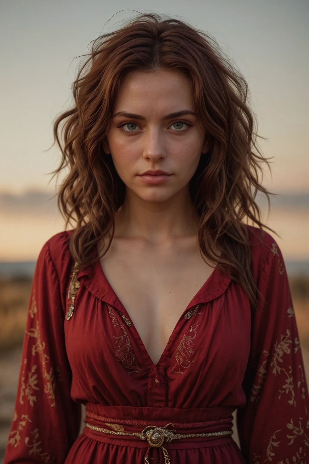 Realistic portrait of a woman with curly auburn hair, wearing a crimson gypsy dress that complements her green eyes. She stands against a backdrop of soft, golden evening sunlight, casting a gentle warmth on her features. <lora:[VG]_-_Ezmeralda_D'Avenir:1> mt-ezmeralda