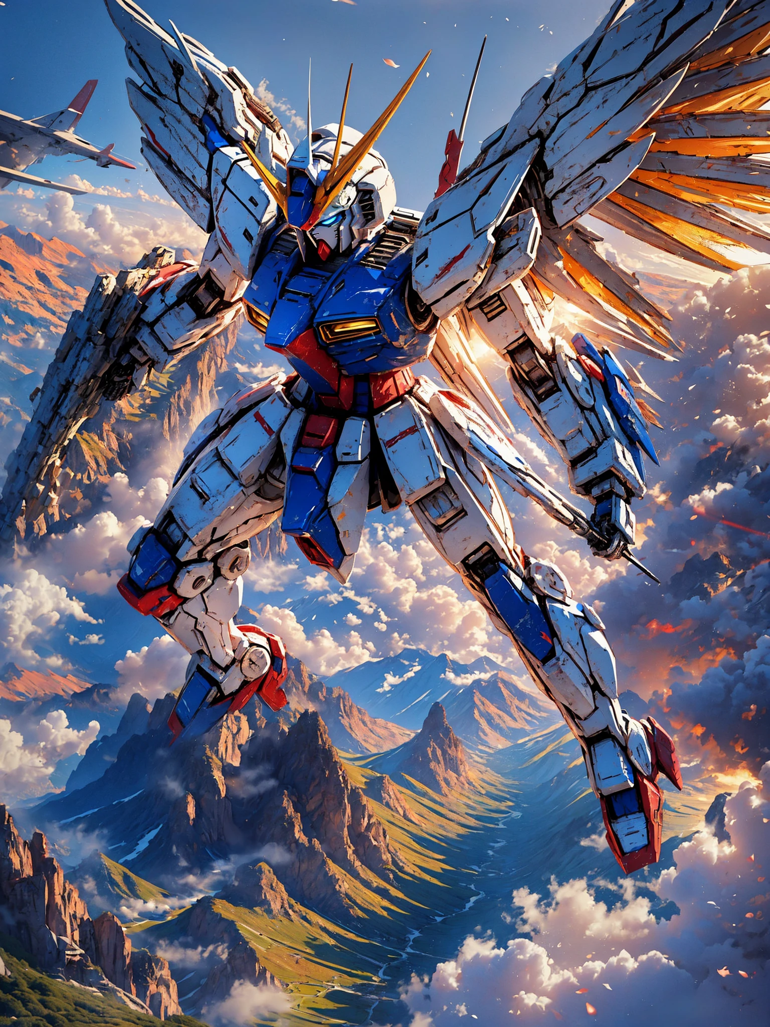 <lora:So_GunDam:0.8>,So_GunDam,looking ahead,sky,mechanical wings,zoom layer,<lora:Beautiful outdoor:0.7>,Beautiful outdoor,Light through blinds or shutters for striped or slatted patterns (Blinds/Shutters Light).,, edge quality, perspective silhouette, 8k, best quality, masterpiece, extremely detailed, rule of thirds, photorealistic, superb, HDR, high resolution, sharp focus, photorealistic rendering, extremely detailed description, professional, gorgeous and intricate detail,