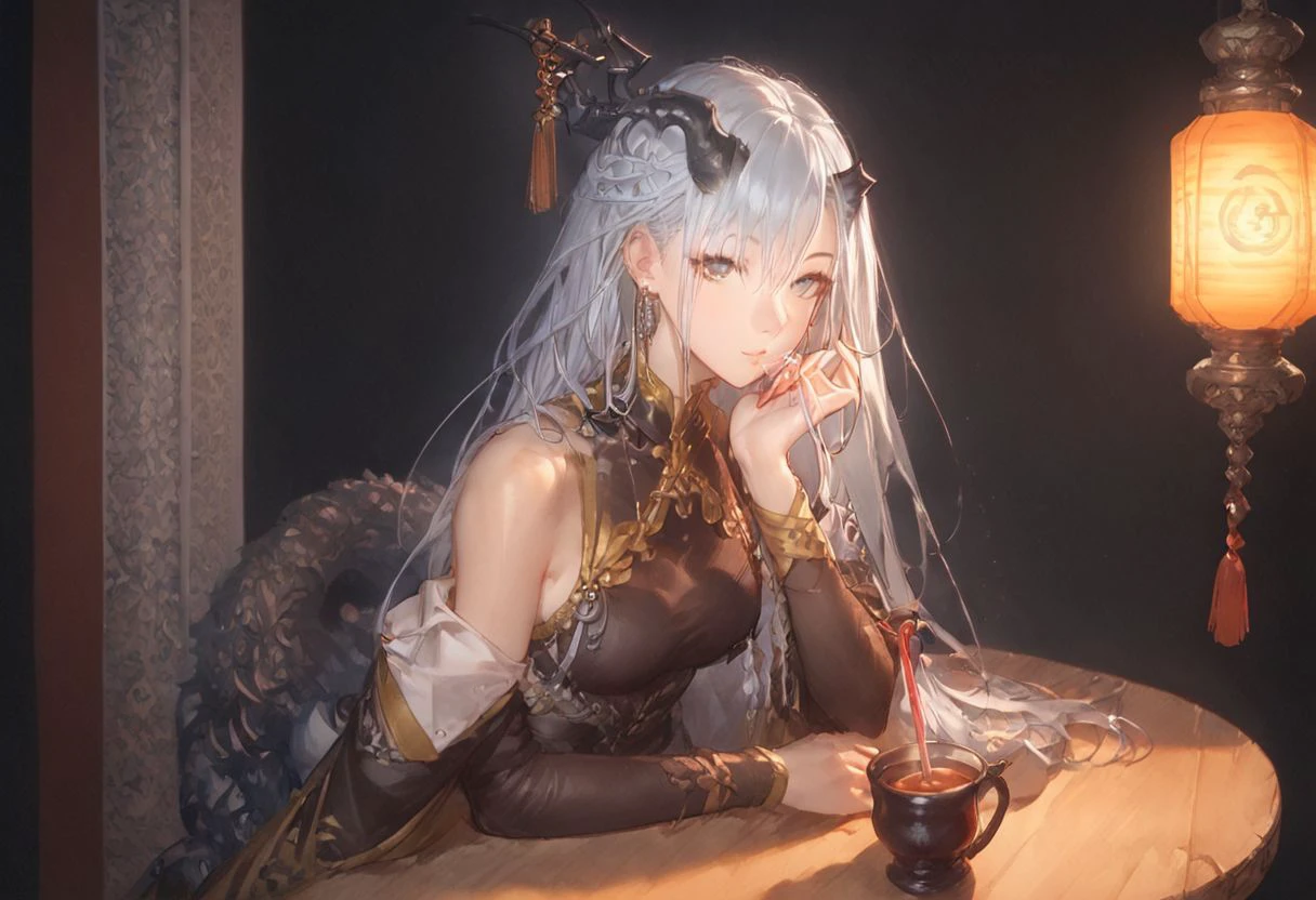 score_9, score_8_up, 1girl, (mizuchi sitting on wooden table drinking tea), mizuchi, ultra detailed, (((beautiful face))), (((beautiful eyes))), in warm oriental tavern, (((anime style))),